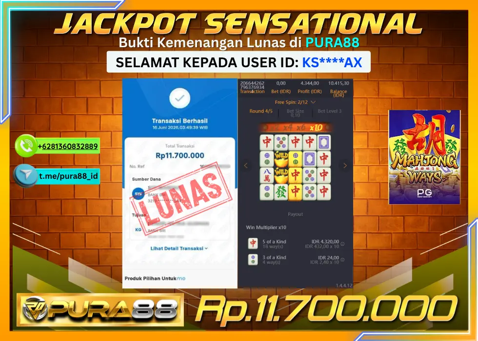PURA88 JACKPOT MAHJONG WAYS Rp 11.700.000,- LUNAS